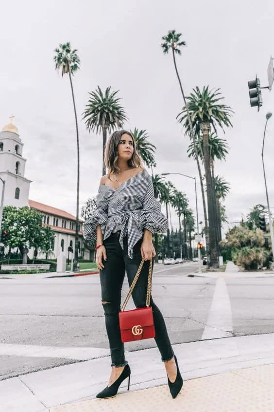 Gingham and Red Shoulder Bag