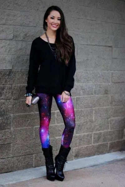 Black Sweater with Purple Galaxy Leggings