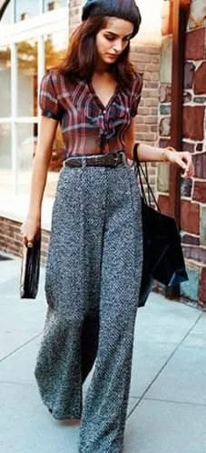 Red and Black Plaid Shirt with Grey Tweed Wide Leg Pants