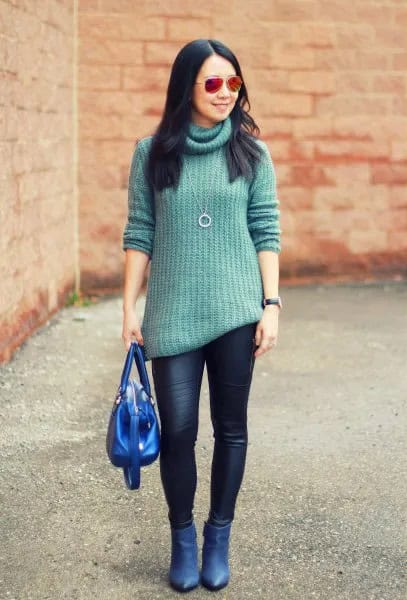 Green Turtleneck Sweater with Blue Pointed Toe Ankle Heels