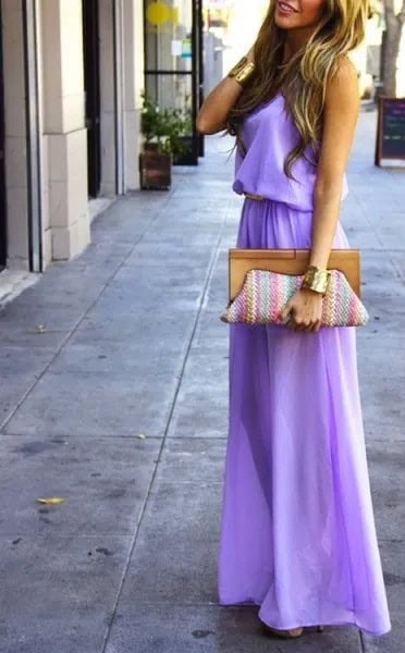 Lavender Gathered Waist Maxi Flared Dress