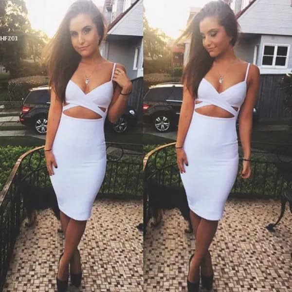 White Deep V Neck Cutout Front Faux Two-Piece Midi Bodycon Dress