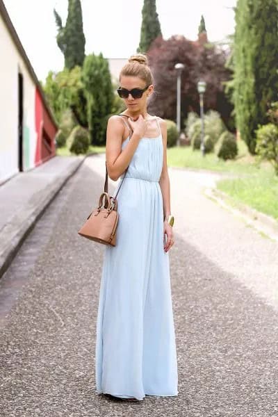 Light Blue Gathered Waist Chiffon Maxi Dress with Brown Shoulder Bag