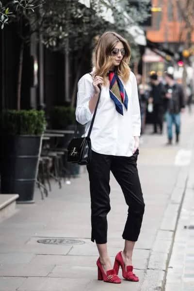 White Button Up Shirt with Navy Satin Scarf