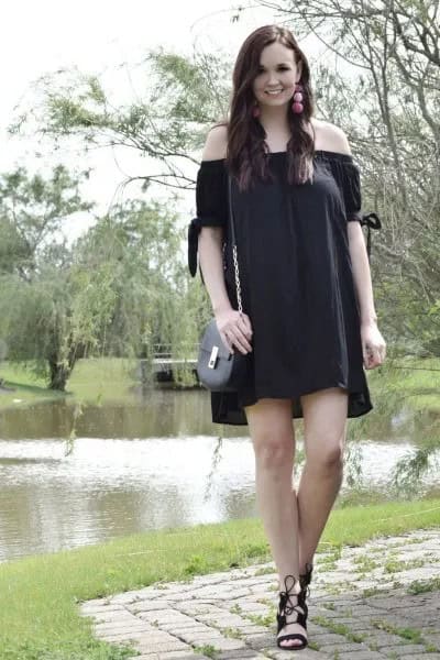 Off The Shoulder Mini Shift Dress with Black Lace Up Sandals