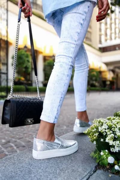 Light Blue Chambray Button Up Shirt with Cropped Skinny Jeans & Silver Platform Sneakers