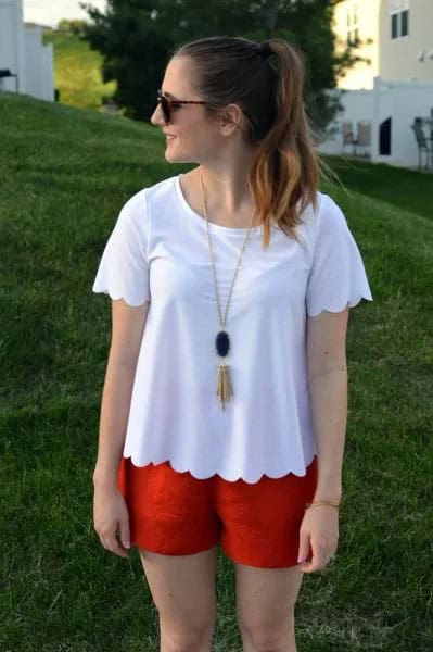 White Scalloped Hem T Shirt with Orange Mini Shorts