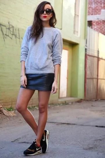 Grey Crew Neck Sweatshirt with Leather Mini Skirt