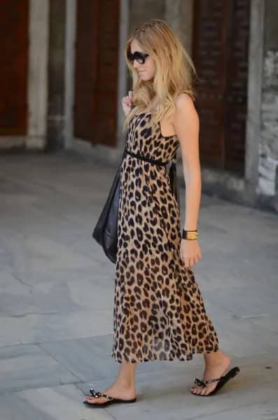 Leopard Print Belted Maxi Sheath Dress