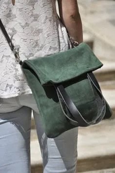 Grey Suede Messenger Bag with White Lace Top & Light Blue Jeans