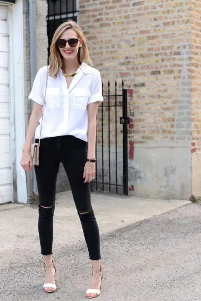 White Button Up Blouse with Black Ripped Skinny Ankle Jeans