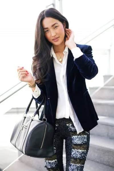 Dark Navy Blue Blazer with White Shirt & Printed Leggings