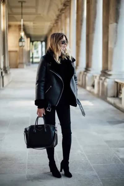 Black Jacket with Skinny Jeans & Ankle Heeled Boots