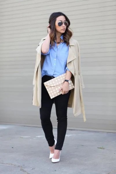 Blue Button Up Shirt with Pale Pink Longline Blazer