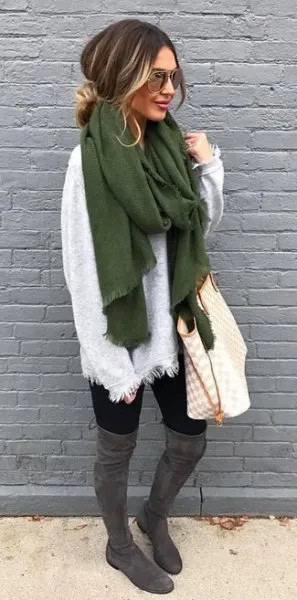 White Sweater with Green Scarf & Grey Thigh High Boots