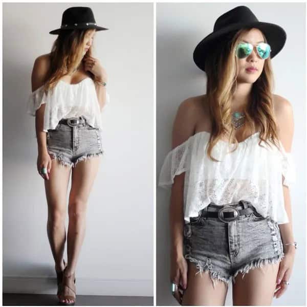 White Chiffon Semi-Sheer Tube Top with Grey High Waisted Ripped Denim Shorts