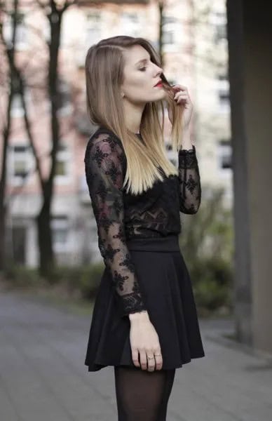 Black Chiffon Shirt with Lace Details