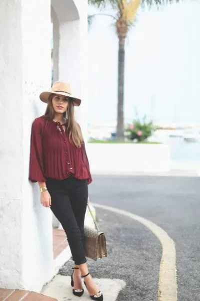 Burgundy Chiffon Pleated Shirt with Black Chinos