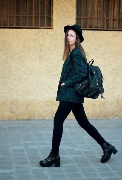 Navy and Green Plaid Jacket with Black Skinny Jeans