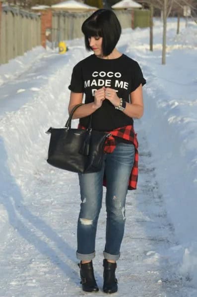 Black Tee with Greyish Blue Cuffed Jeans & Red Plaid Boyfriend Shirt