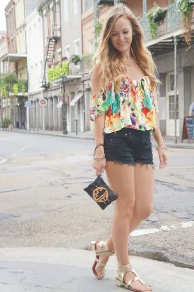 Floral Off The Shoulder Blouse with Black Mini Shorts