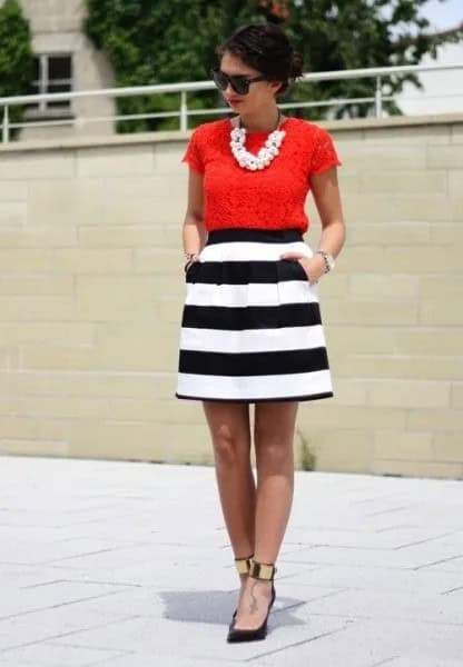 Striped Skater Dress with Red Lace Top