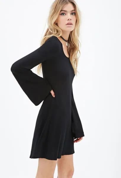 Black Bell Sleeve Skater Dress with Choker Necklace