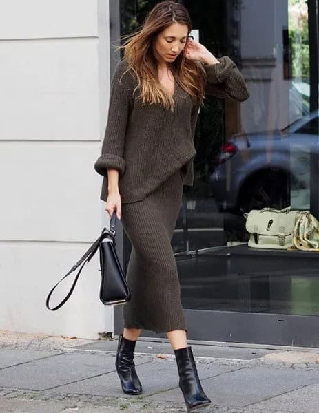 Dark Green Faux Two-Piece Long Sleeve Maxi Knitted Dress