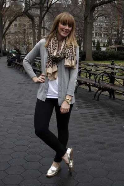 Grey Cardigan with Leopard Print Scarf & Gold Loafers