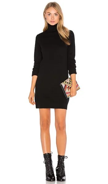 Black Turtleneck Mini Sweater Dress with Mid-Calf Lace Up Boots