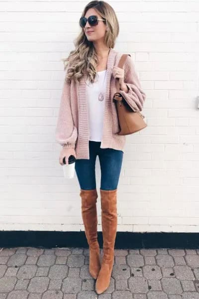 Blush Pink Sweater with Camel Thigh High Boots