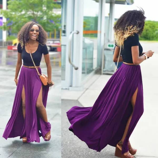 Navy Scoop Neck Form Fitting Tee with Purple Pleated Double Slit Maxi Skirt