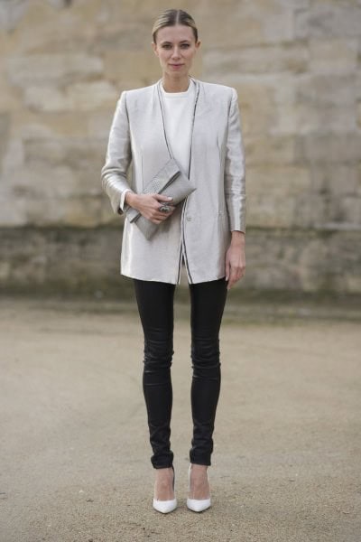 Silver Silk Boyfriend Blazer with White Crew Neck Sweatshirt