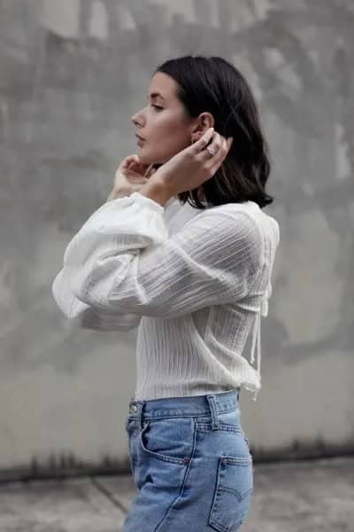 White Chiffon Blouse with Mom Jeans