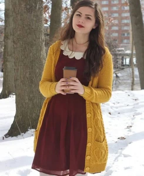 Cable Knit Long Sweater with Burgundy Chiffon Flared Mini Dress