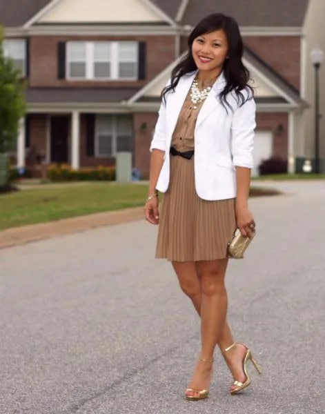 White Blazer with Blush Pink Mini Pleated skirt & Gold Heels