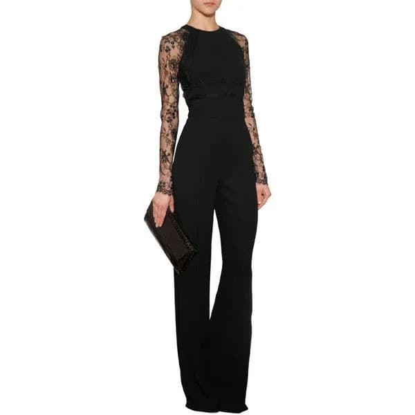 Black Lace Sleeve Wide Leg Jumpsuit