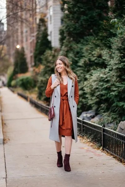 Grey Longline Wool Vest with Green Tie Waist Long Sleeve Knee Length Dress