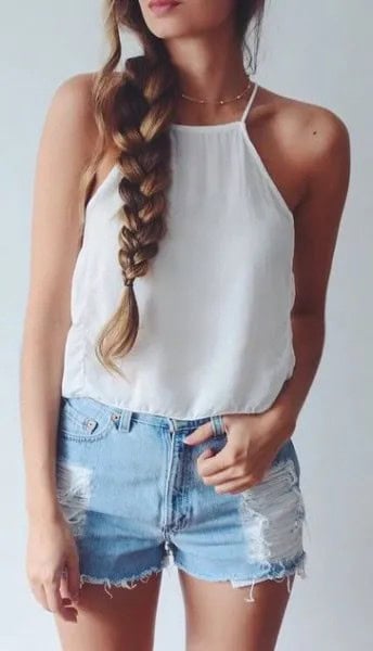 White Halter Top with Ripped Denim Shorts