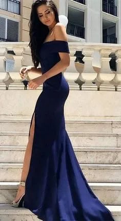 Navy Off The Shoulder High Split Floor Length Dress