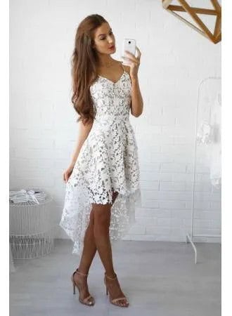 White V Neck Crochet Lace High Low Midi Flared Dress