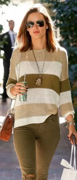 Blush Pink and White Wide Striped Knit Sweater with Green Skinny Jeans