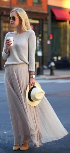 Grey Sweater with Matching Chiffon Pleated Maxi Skirt