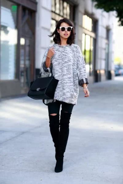 Heather Grey Crew Neck Sweater with Ripped Black Ripped Skinny Jeans