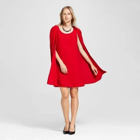 Red Cape Shift Dress with Black Ballet Heels