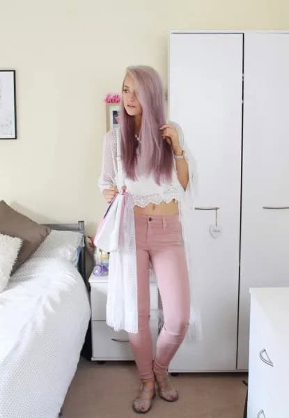 White Chiffon and Lace Cropped Top with Pink Skinny Jeans