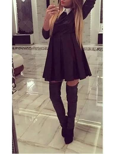 Black Pleated Swing Dress with Grey Thigh High Boots