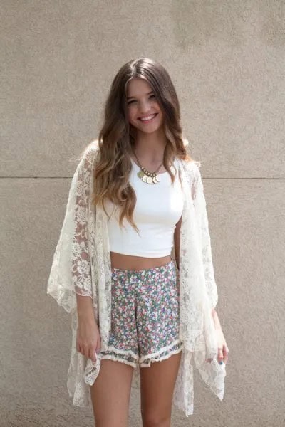 White Kimono with Crop Top & Pink Floral Shorts