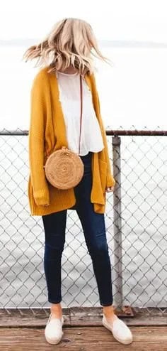 Mustard Yellow Longline Sweater Cardigan with Chiffon Blouse & Ankle Jeans