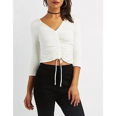 White Ruched Crop Top with Black High Waisted Skinny Pants